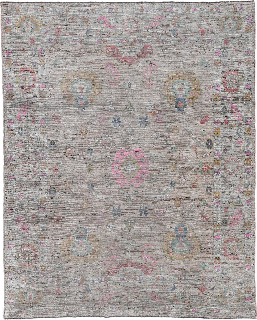 9' x 11' one-of-a-kind handmade vintage Oushak large size rug. Color palette: taupe, ivory, rose, sage, soft blue, gold