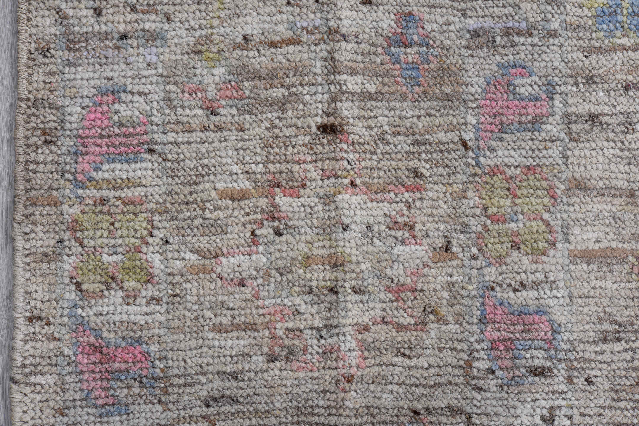 9' x 11' one-of-a-kind handmade vintage Oushak large size rug. Color palette: taupe, ivory, rose, sage, soft blue, gold