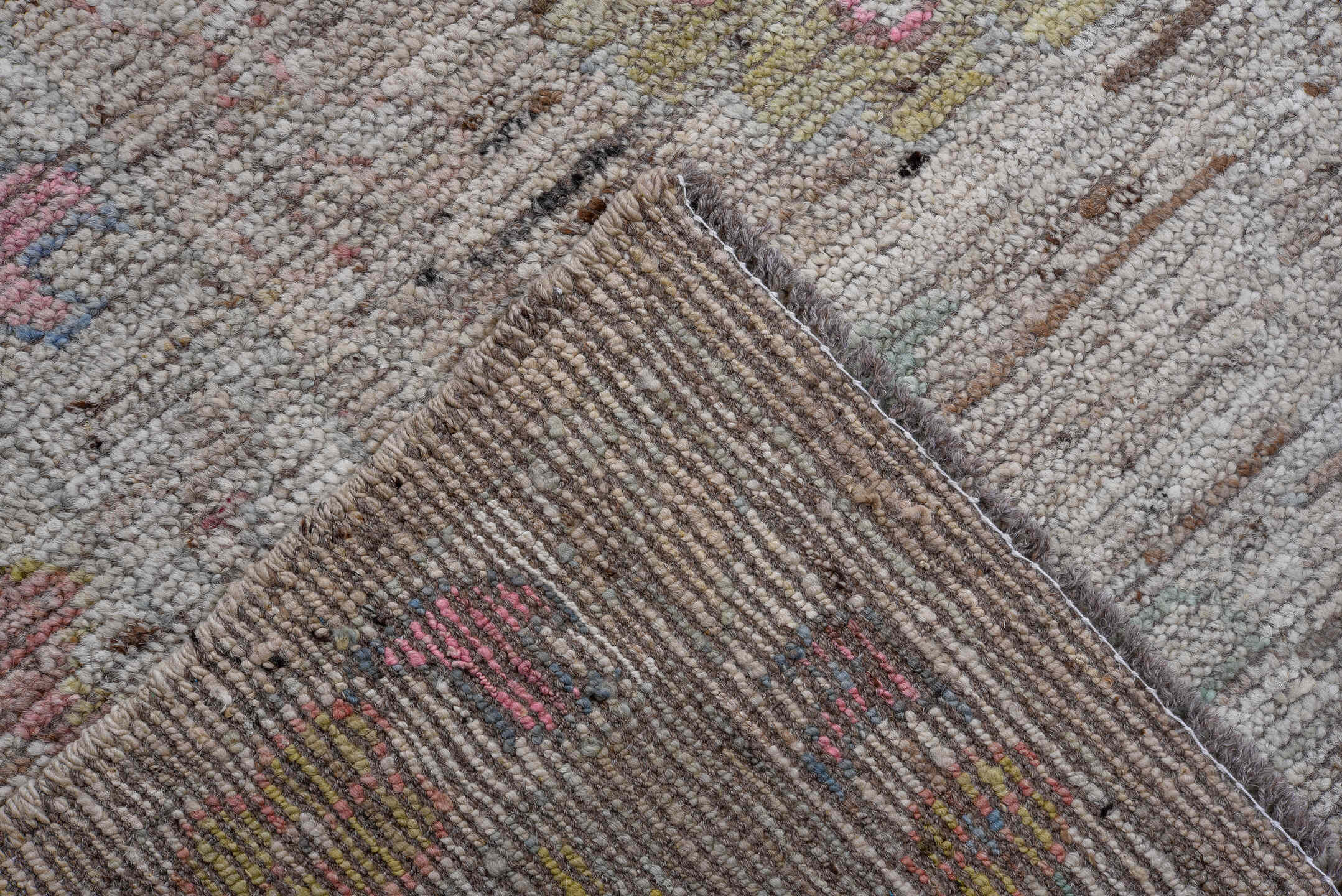9' x 11' one-of-a-kind handmade vintage Oushak large size rug. Color palette: taupe, ivory, rose, sage, soft blue, gold