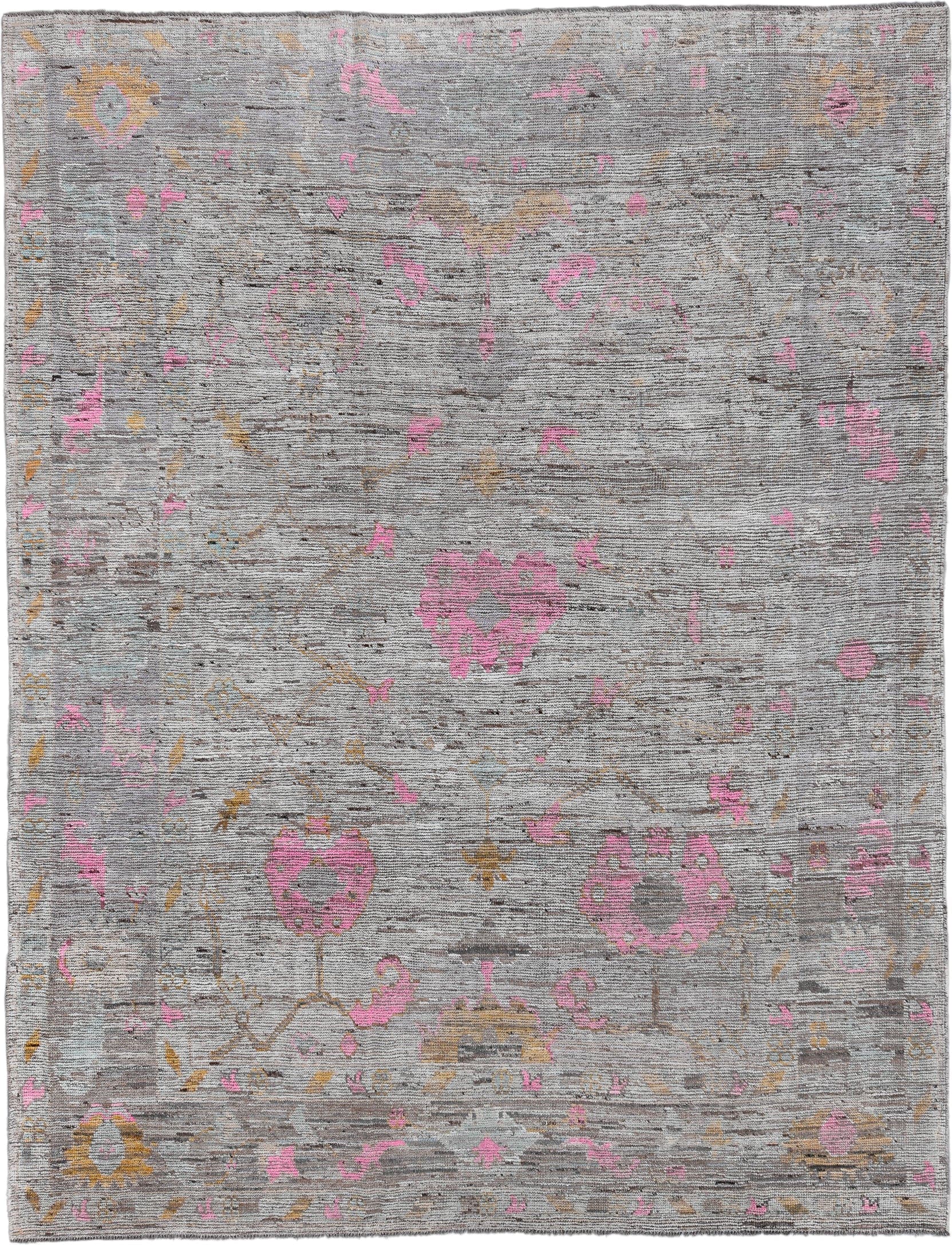 9' x 11' one-of-a-kind handmade vintage Oushak large size rug. Color palette: gray, pink, ivory, gold, taupe, beige