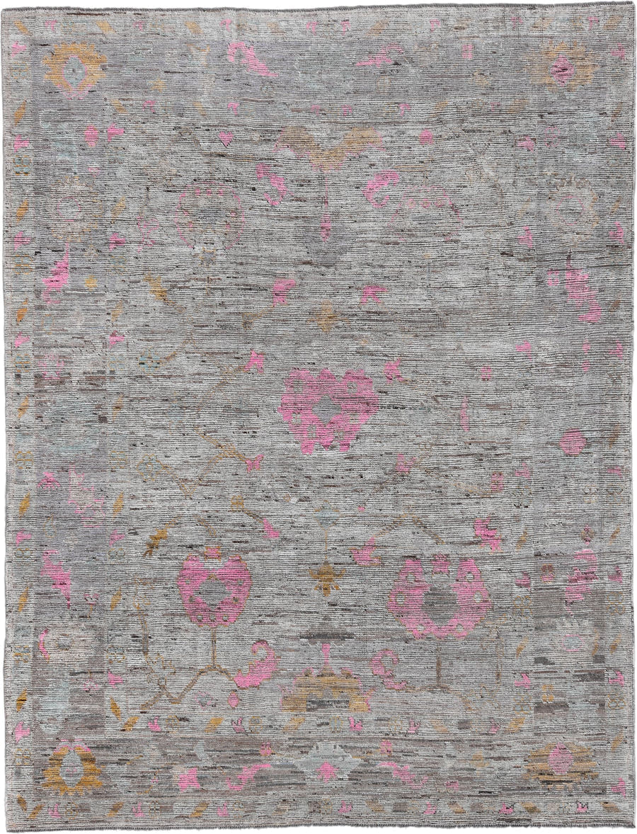 9' x 11' one-of-a-kind handmade vintage Oushak large size rug. Color palette: gray, pink, ivory, gold, taupe, beige
