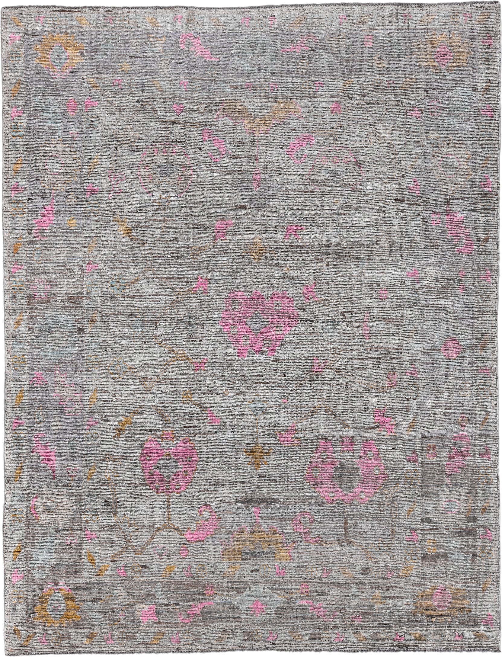 9' x 11' one-of-a-kind handmade vintage Oushak large size rug. Color palette: gray, pink, ivory, gold, taupe, beige