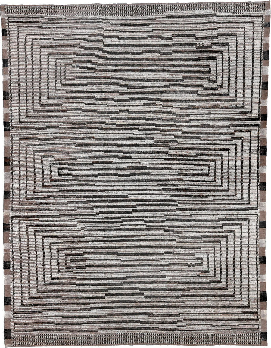 9' x 11' one-of-a-kind handmade vintage Tulu large size rug. Color palette: ivory, taupe, charcoal, brown, cream, black