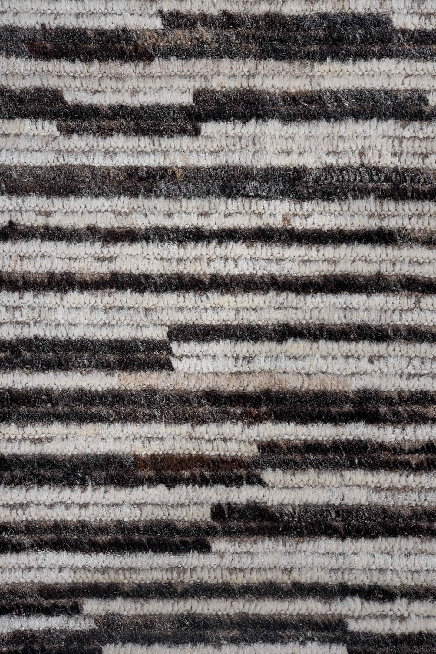 9' x 11' one-of-a-kind handmade vintage Tulu large size rug. Color palette: ivory, taupe, charcoal, brown, cream, black