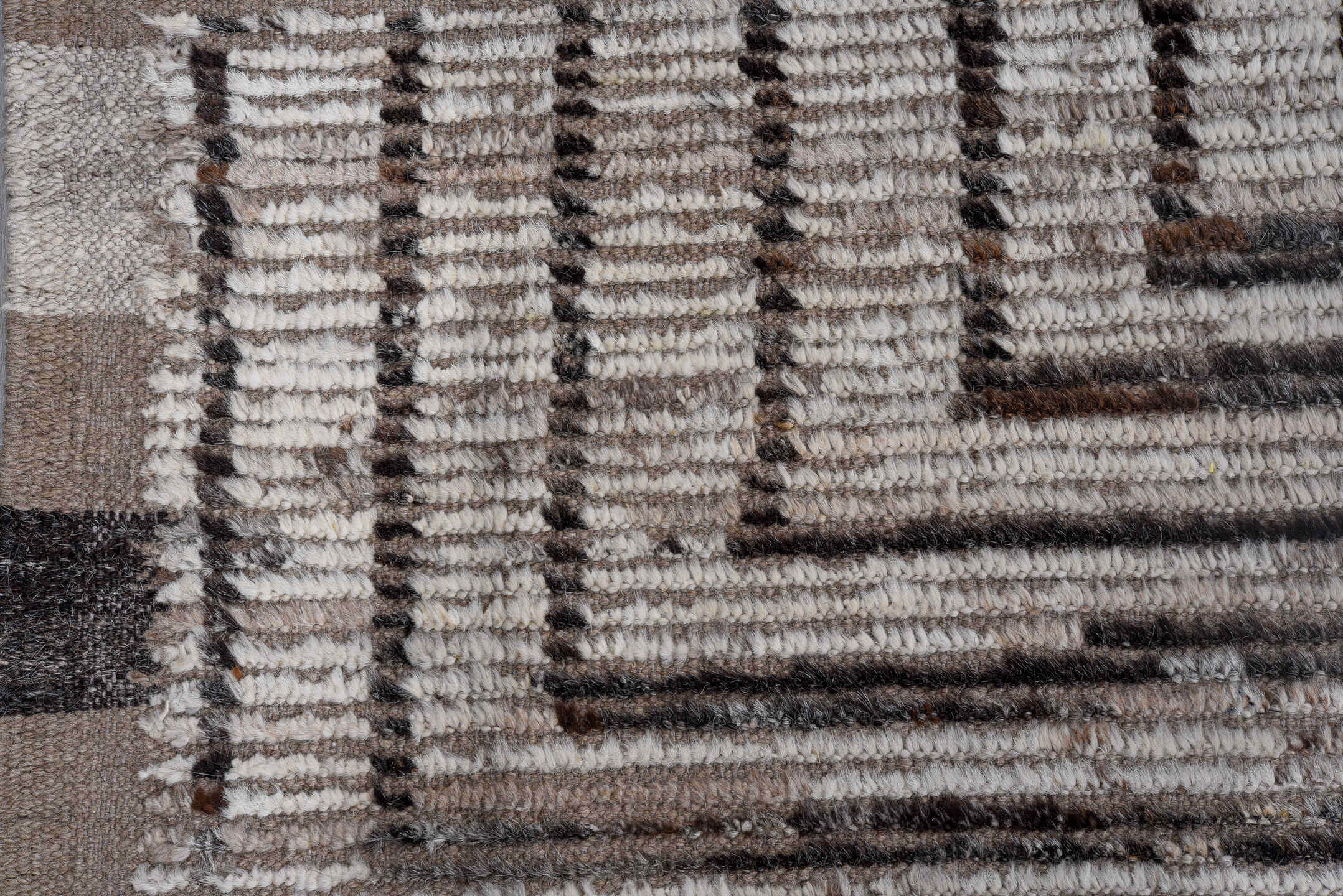 9' x 11' one-of-a-kind handmade vintage Tulu large size rug. Color palette: ivory, taupe, charcoal, brown, cream, black