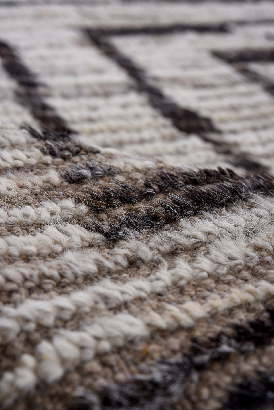 9' x 11' one-of-a-kind handmade vintage Tulu large size rug. Color palette: ivory, taupe, charcoal, brown, cream, black