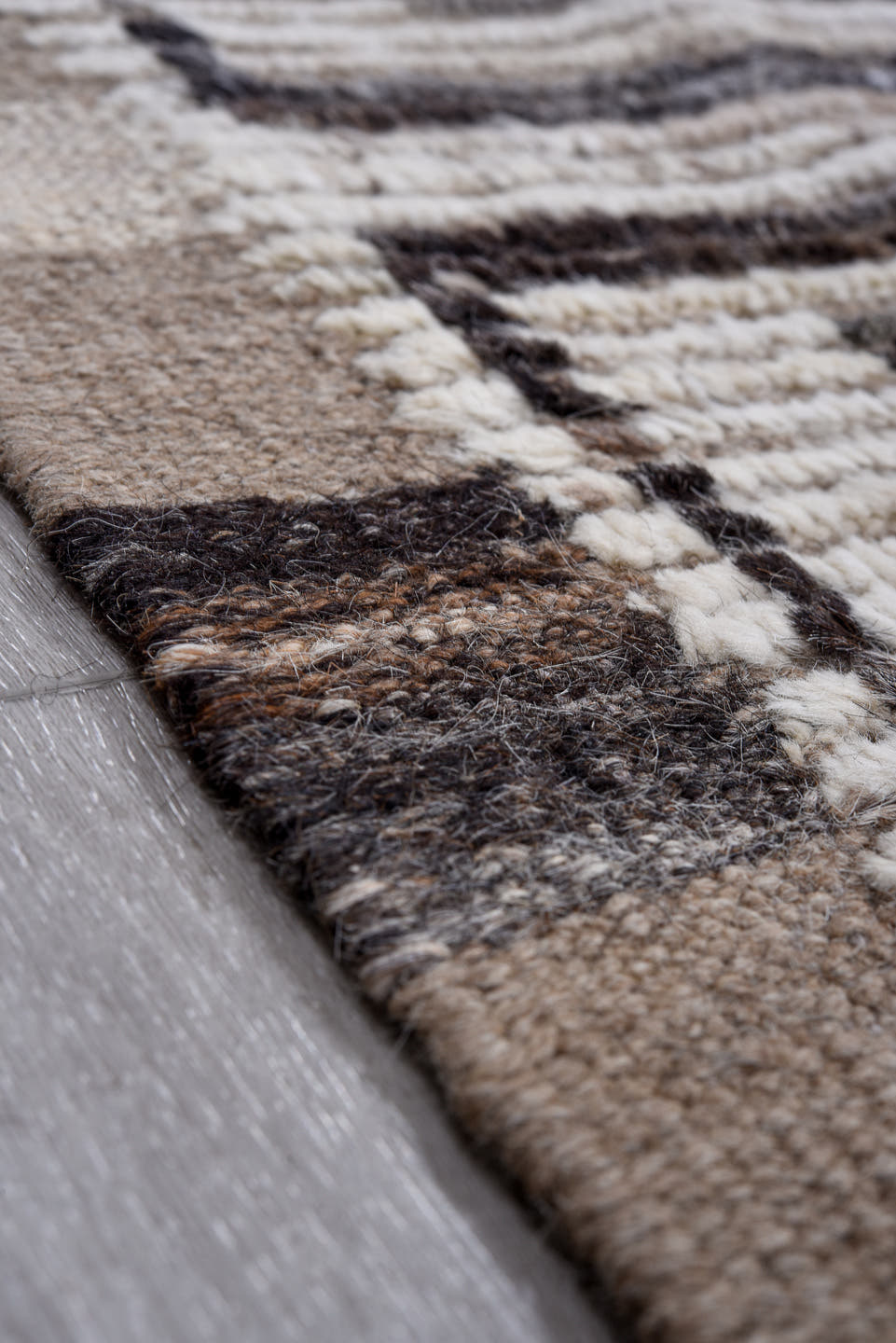 9' x 11' one-of-a-kind handmade vintage Tulu large size rug. Color palette: ivory, taupe, charcoal, brown, cream, black