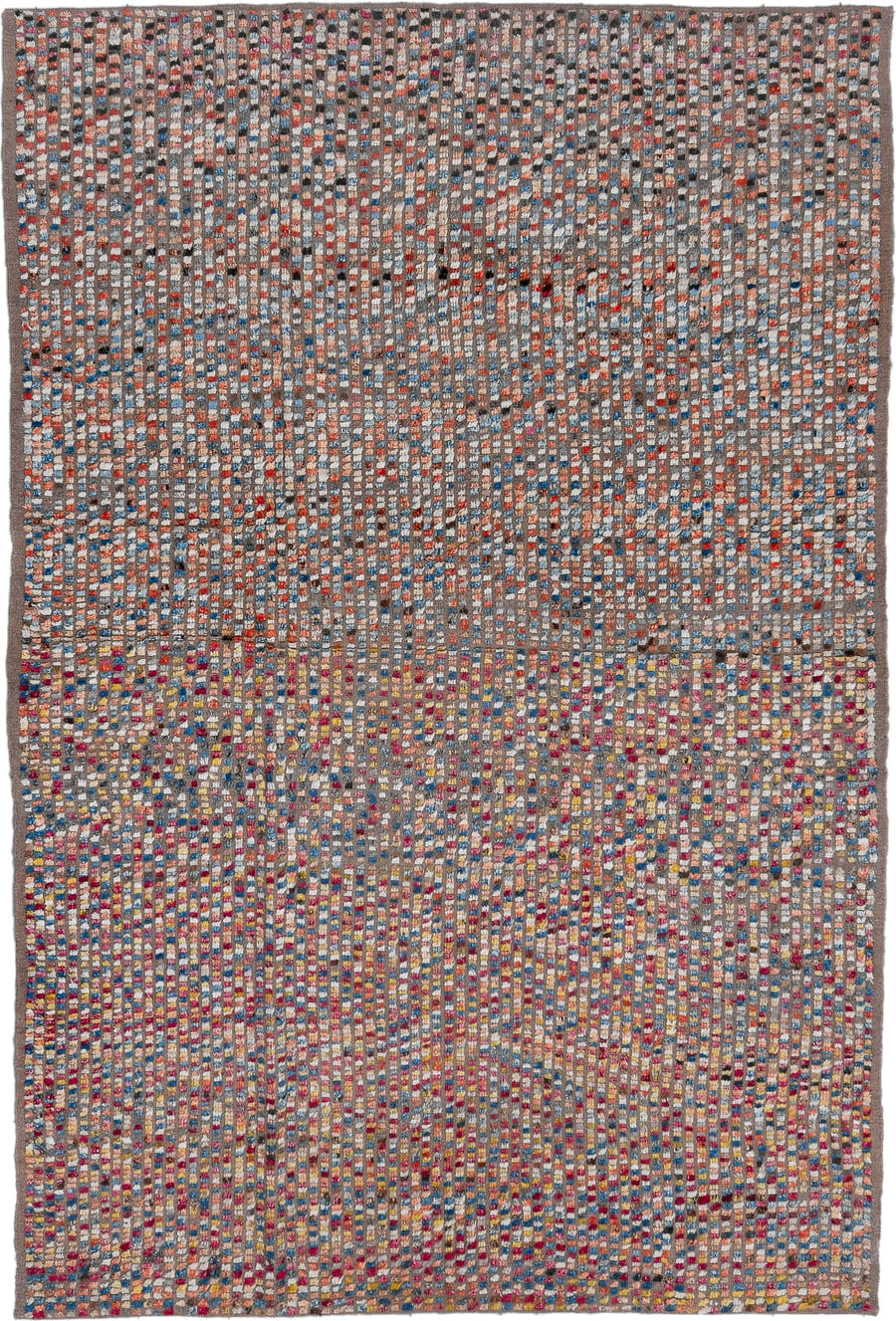 5' x 8' one-of-a-kind handmade vintage Oushak medium size rug. Color palette: taupe, ivory, blue, coral, pink, yellow