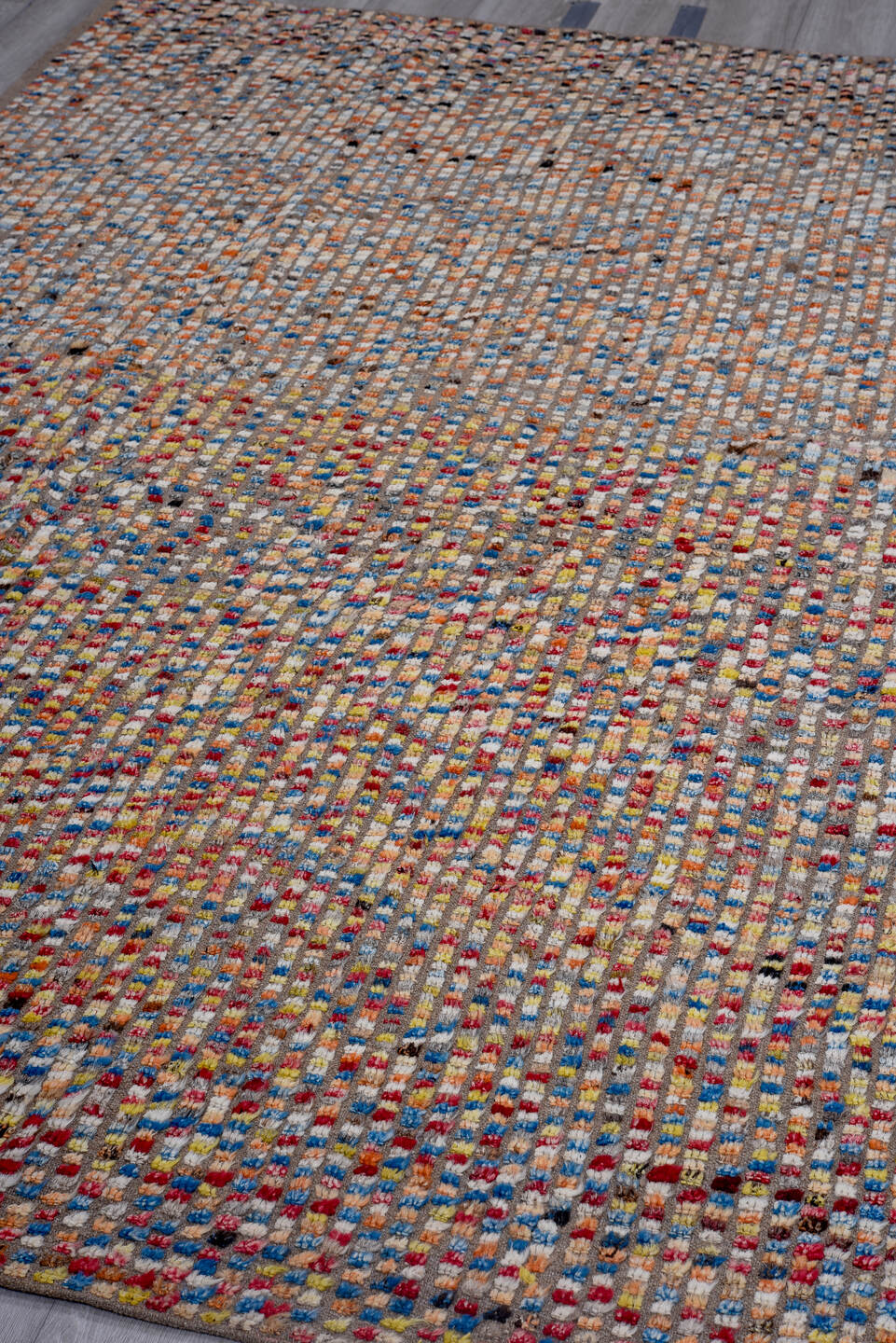 5' x 8' one-of-a-kind handmade vintage Oushak medium size rug. Color palette: taupe, ivory, blue, coral, pink, yellow