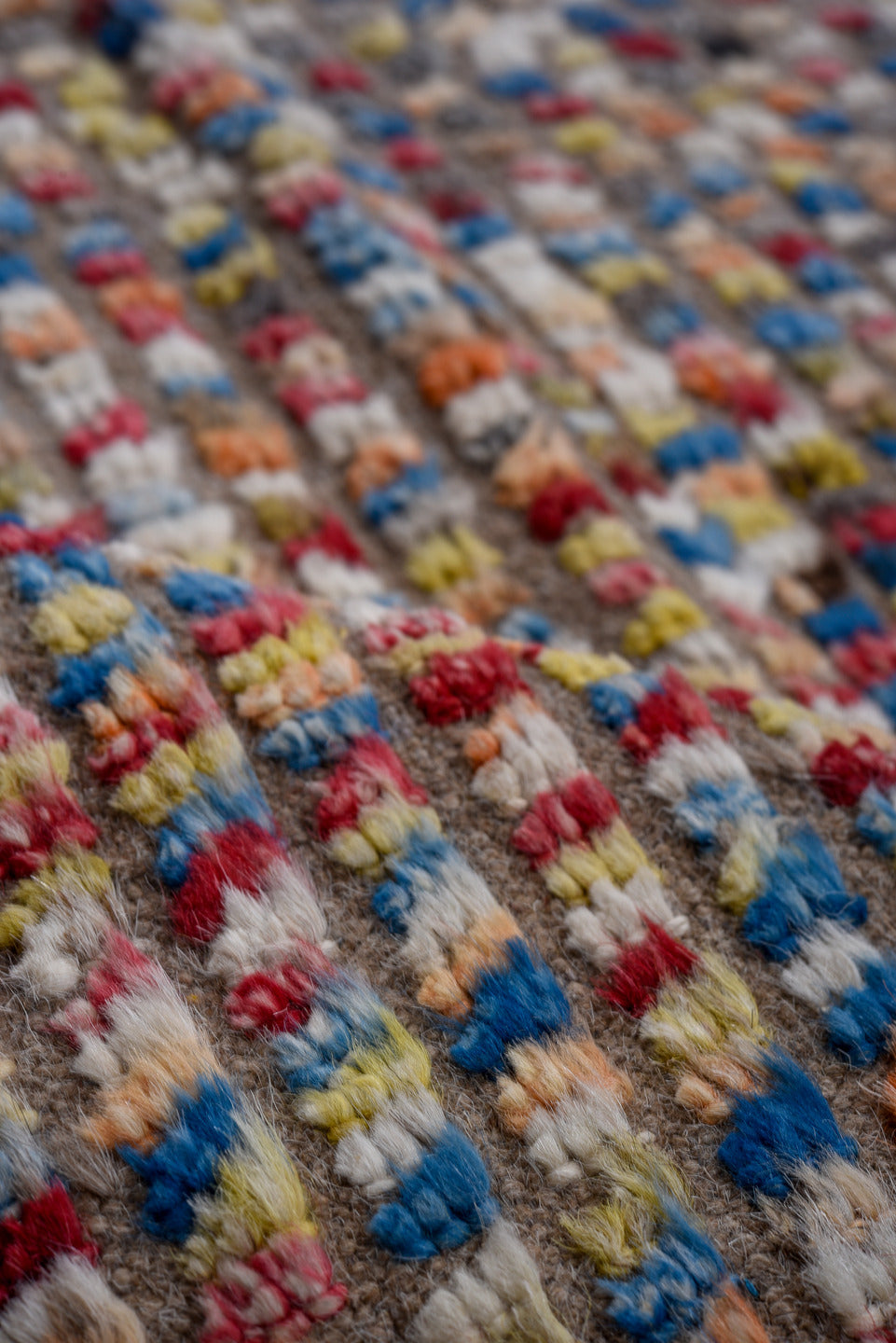 5' x 8' one-of-a-kind handmade vintage Oushak medium size rug. Color palette: taupe, ivory, blue, coral, pink, yellow