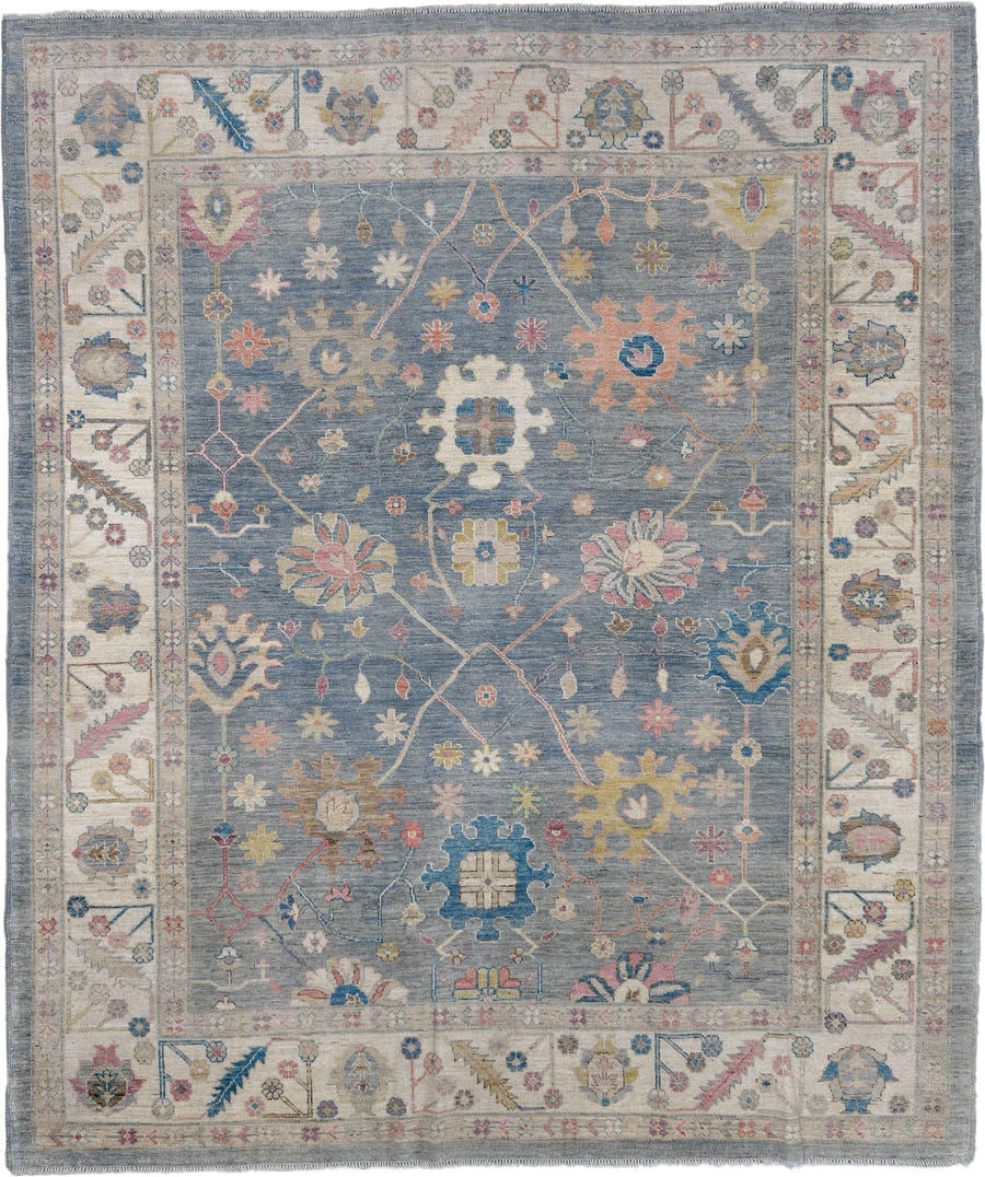 8' x 9' one-of-a-kind handmade vintage Oushak large size rug. Color palette: blue, ivory, rose, gold, sage, taupe, coral