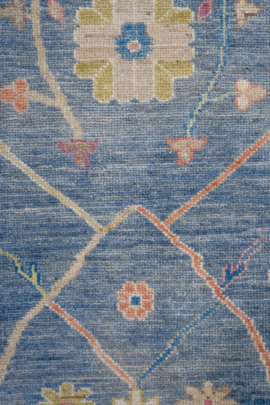 8' x 9' one-of-a-kind handmade vintage Oushak large size rug. Color palette: blue, ivory, rose, gold, sage, taupe, coral