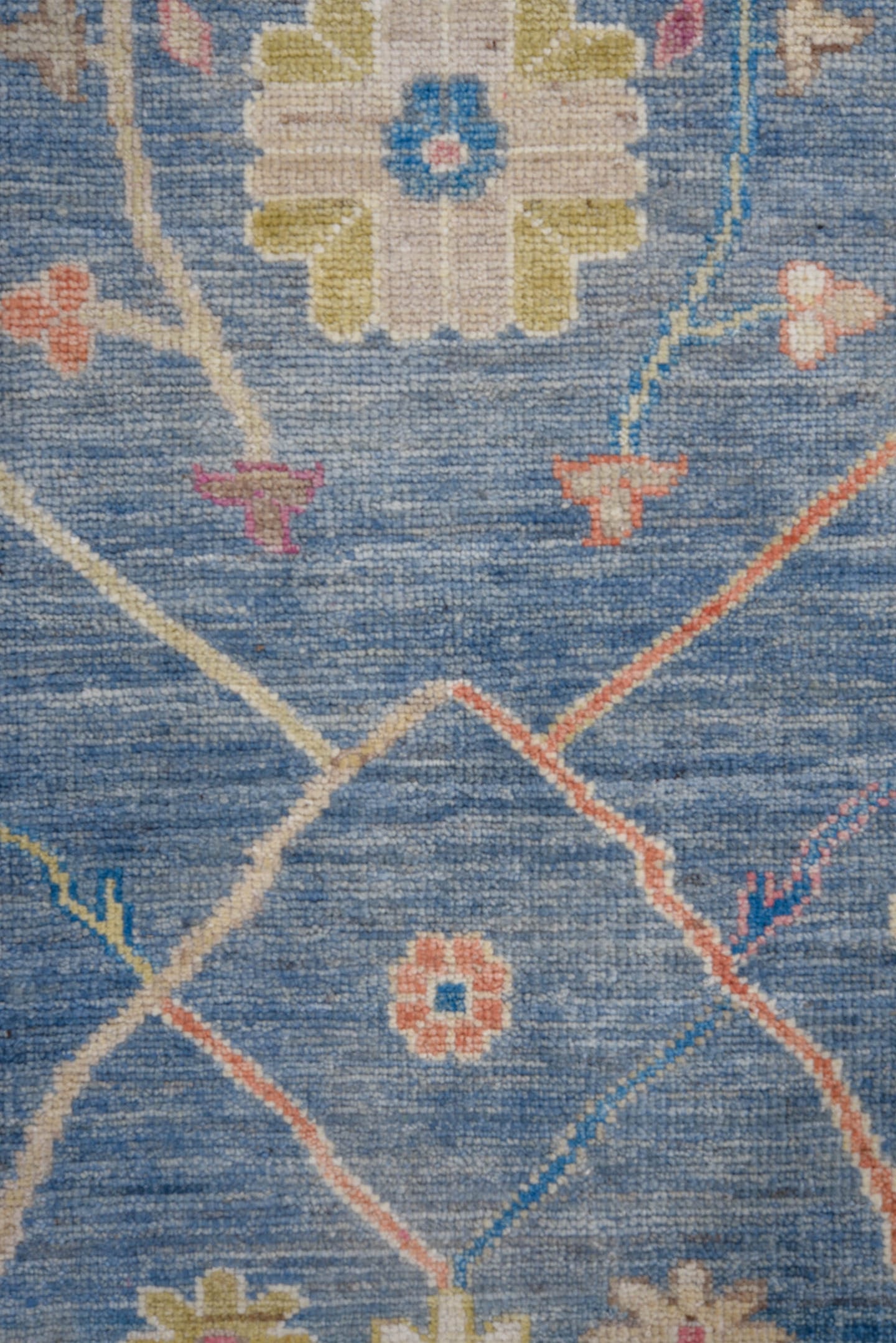 8' x 9' one-of-a-kind handmade vintage Oushak large size rug. Color palette: blue, ivory, rose, gold, sage, taupe, coral