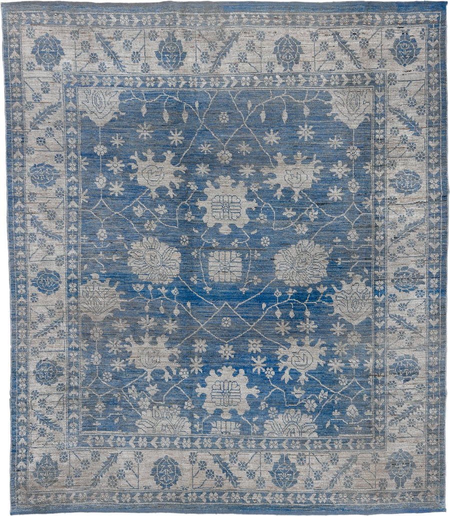 8' x 10' one-of-a-kind handmade vintage Oushak large size rug. Color palette: blue, ivory, slate, taupe, gray, beige