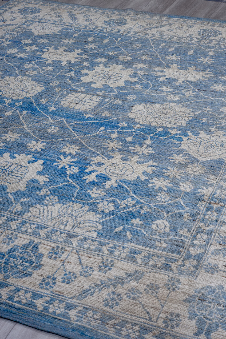 8' x 10' one-of-a-kind handmade vintage Oushak large size rug. Color palette: blue, ivory, slate, taupe, gray, beige