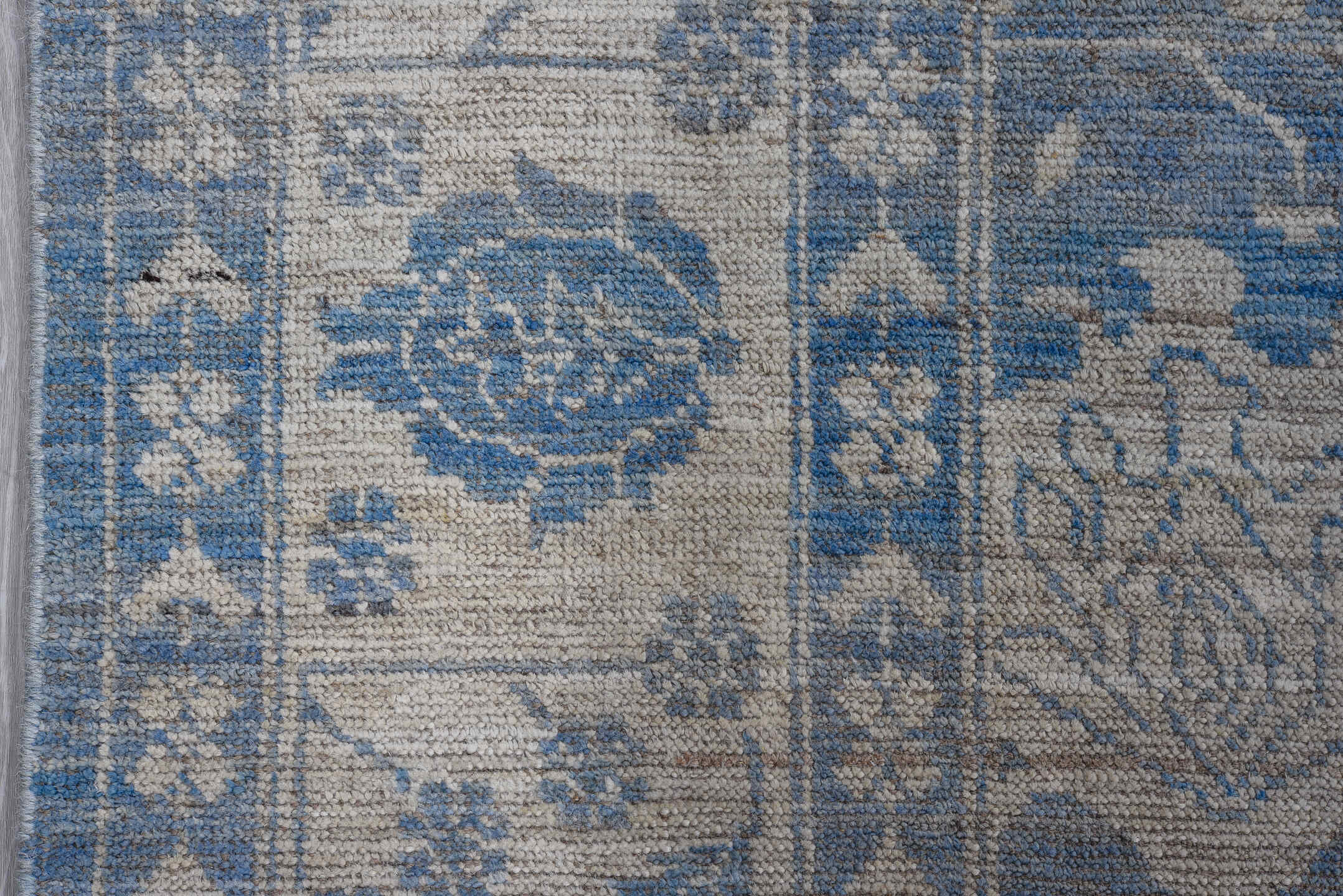 8' x 10' one-of-a-kind handmade vintage Oushak large size rug. Color palette: blue, ivory, slate, taupe, gray, beige