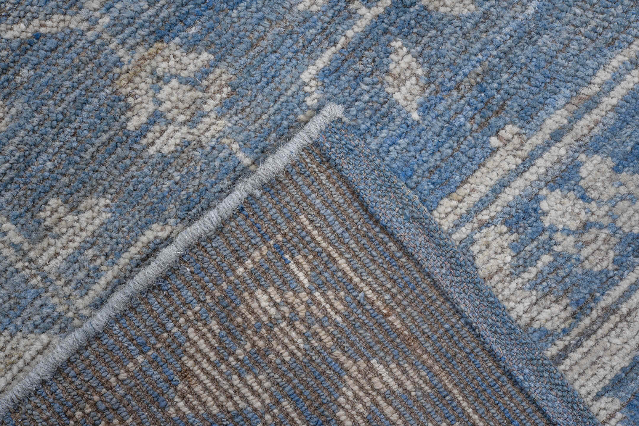 8' x 10' one-of-a-kind handmade vintage Oushak large size rug. Color palette: blue, ivory, slate, taupe, gray, beige