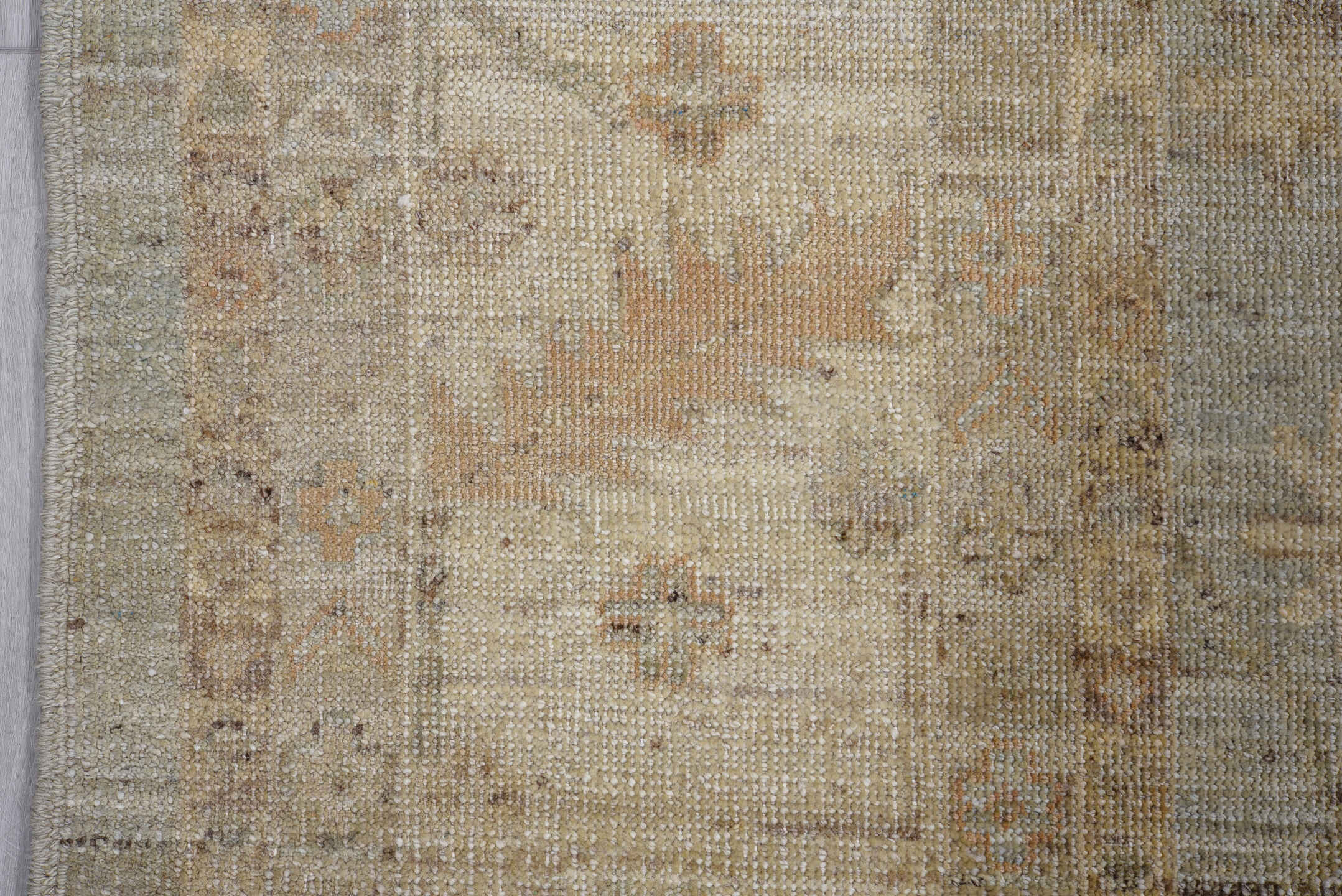 7' x 9' one-of-a-kind handmade vintage Oushak rug. Color palette: brown, gray, light gray, off-white