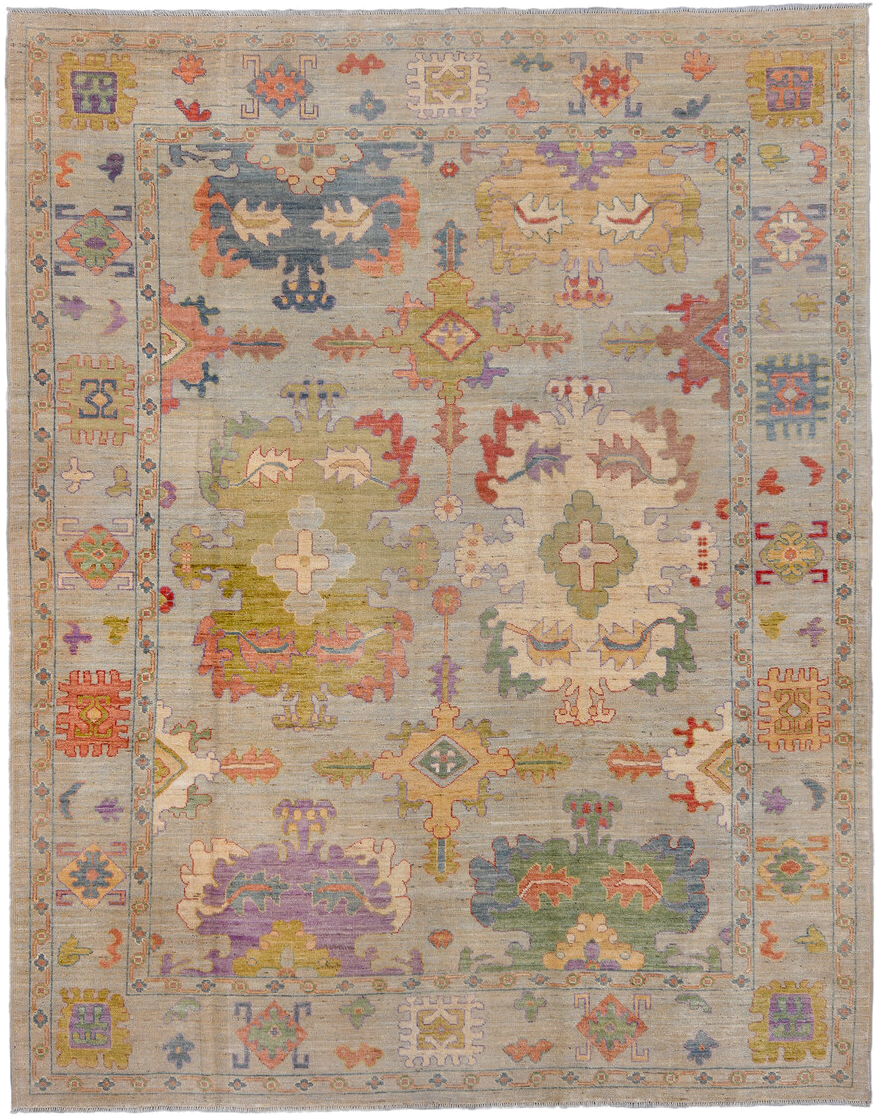 9' x 11' one-of-a-kind handmade vintage Oushak large size rug. Color palette: ivory, sage, gold, coral, lavender, slate