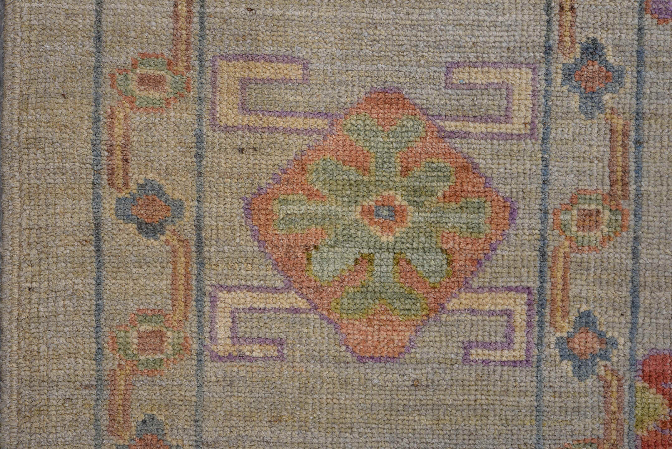 9' x 11' one-of-a-kind handmade vintage Oushak large size rug. Color palette: ivory, sage, gold, coral, lavender, slate