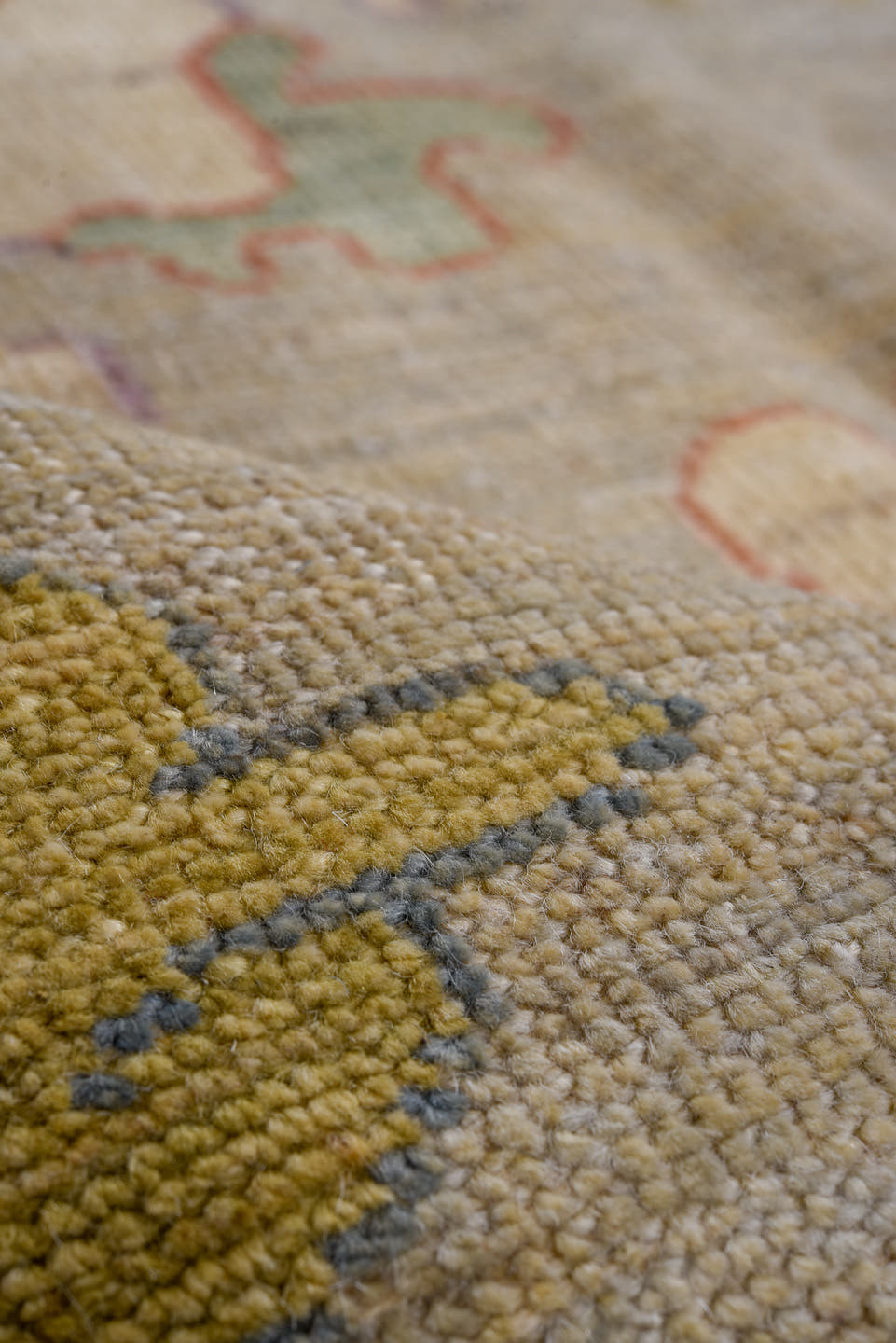 9' x 11' one-of-a-kind handmade vintage Oushak large size rug. Color palette: ivory, sage, gold, coral, lavender, slate