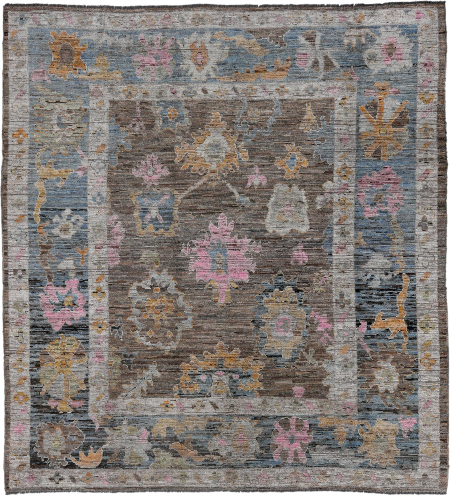 8' x 9' one-of-a-kind handmade vintage Oushak large size rug. Color palette: taupe, sky blue, ivory, pink, gold, brown, gray