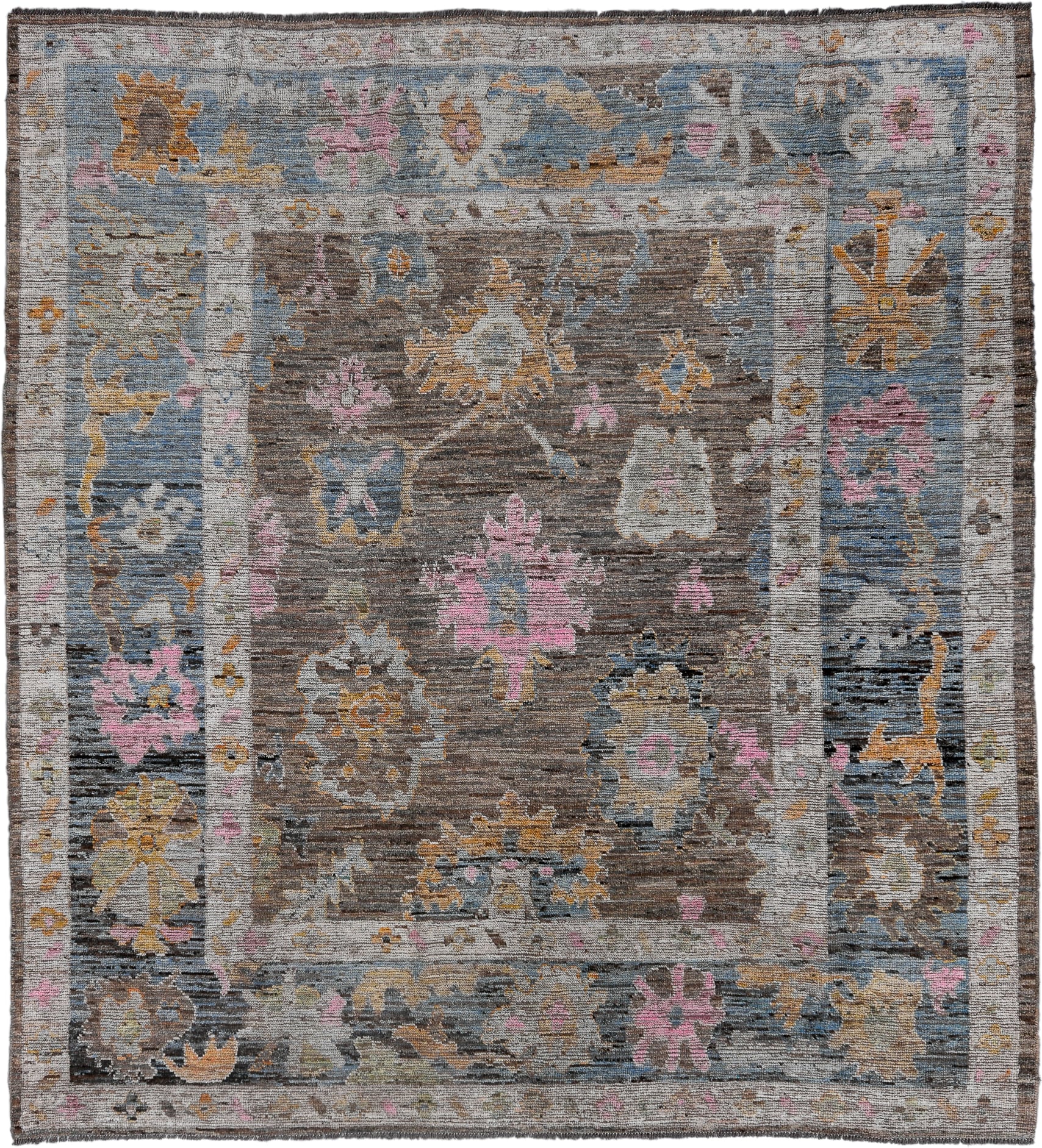 8' x 9' one-of-a-kind handmade vintage Oushak large size rug. Color palette: taupe, sky blue, ivory, pink, gold, brown, gray