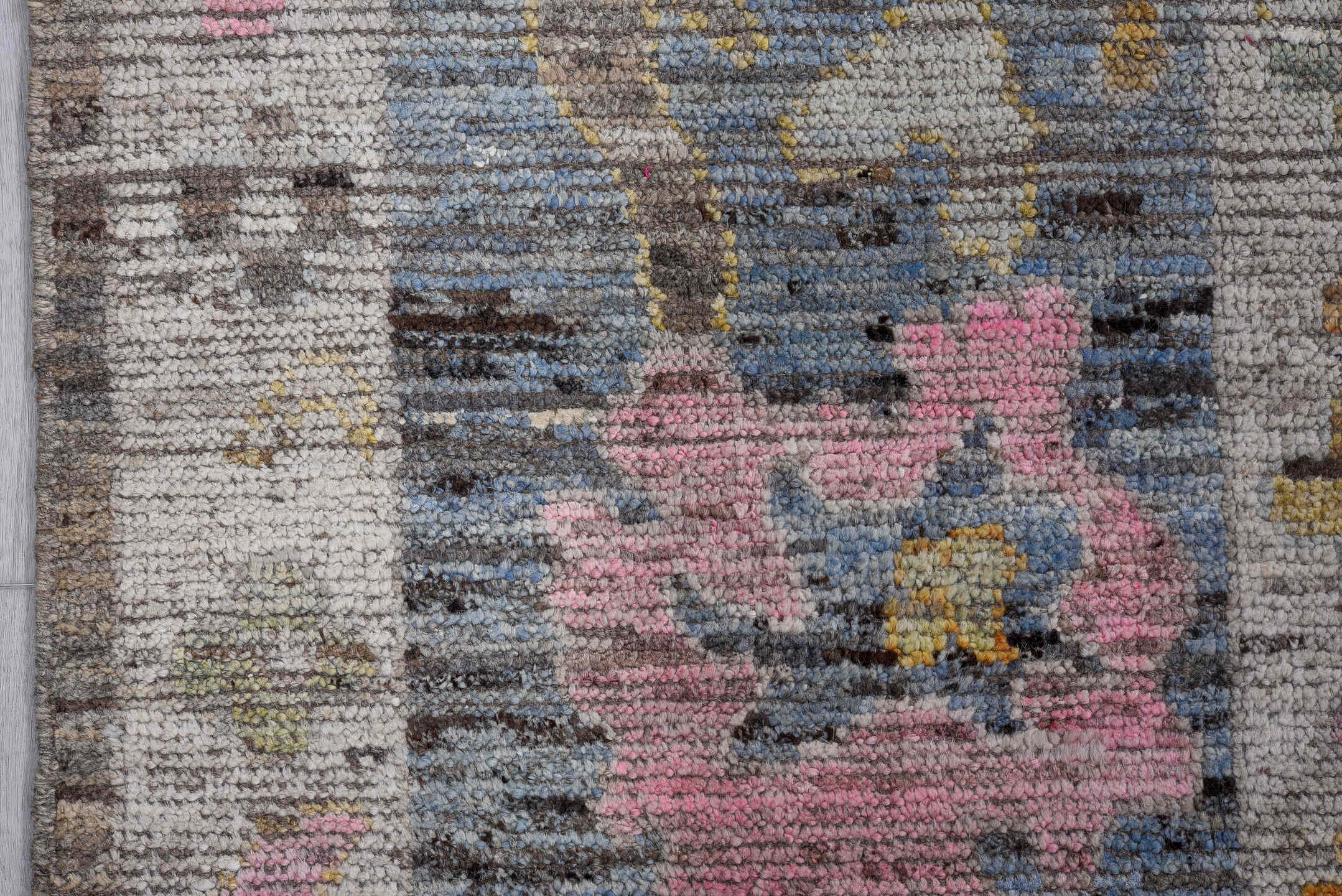 8' x 9' one-of-a-kind handmade vintage Oushak large size rug. Color palette: taupe, sky blue, ivory, pink, gold, brown, gray