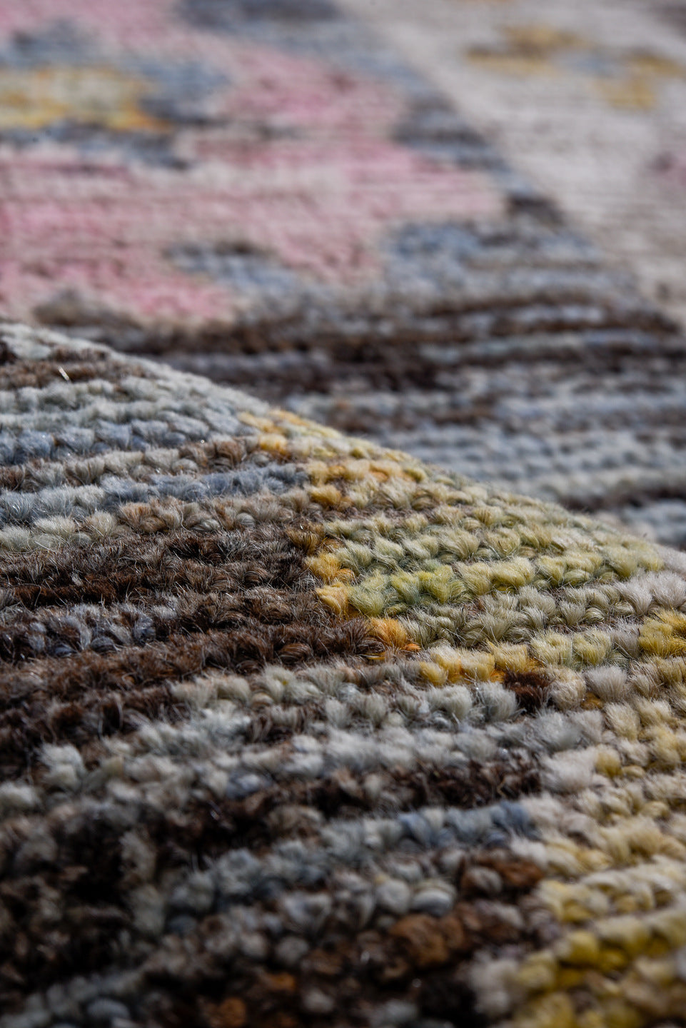 8' x 9' one-of-a-kind handmade vintage Oushak large size rug. Color palette: taupe, sky blue, ivory, pink, gold, brown, gray