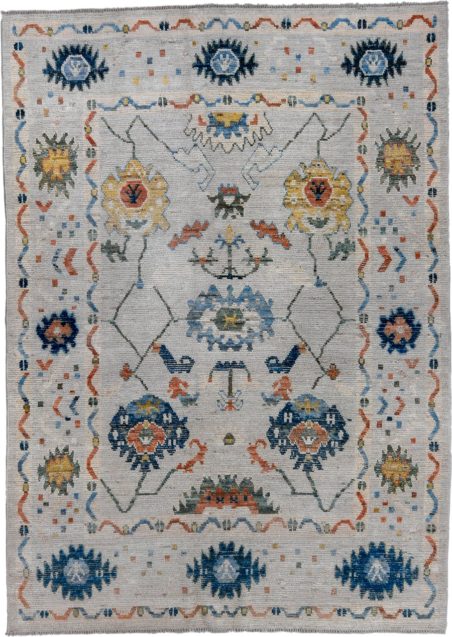 5' x 8' one-of-a-kind handmade vintage Oushak medium size rug. Color palette: ivory, blue, sky blue, rust, gold, sage