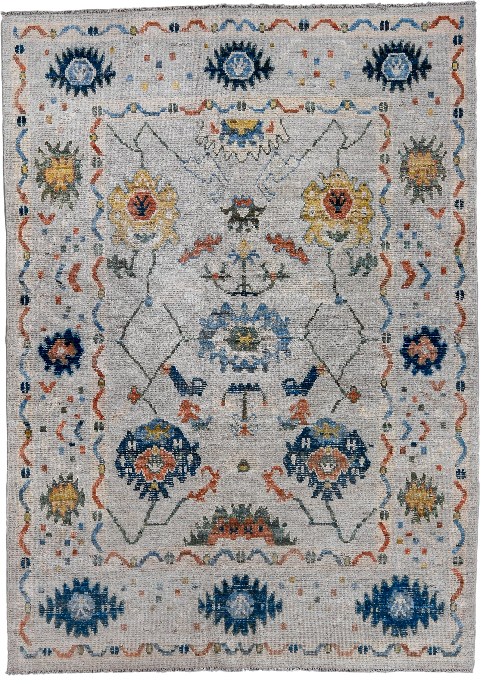 5' x 8' one-of-a-kind handmade vintage Oushak medium size rug. Color palette: ivory, blue, sky blue, rust, gold, sage