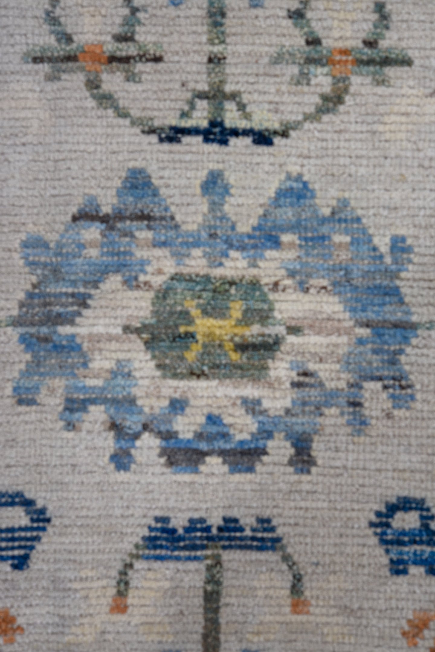 5' x 8' one-of-a-kind handmade vintage Oushak medium size rug. Color palette: ivory, blue, sky blue, rust, gold, sage
