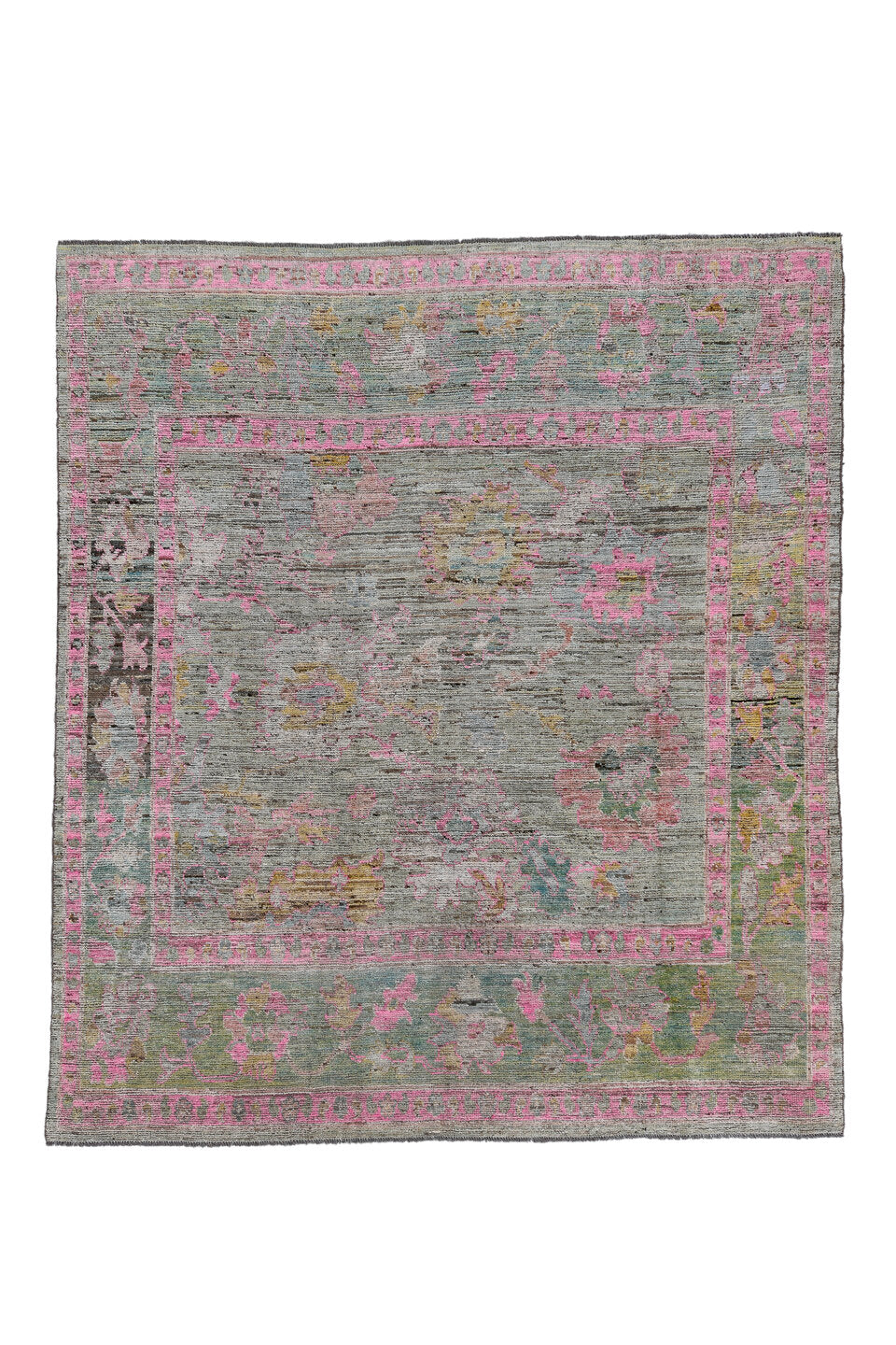 8' x 9' one-of-a-kind handmade vintage Oushak rug. Color palette: black, brown, charcoal, dark gray, dim gray, gray