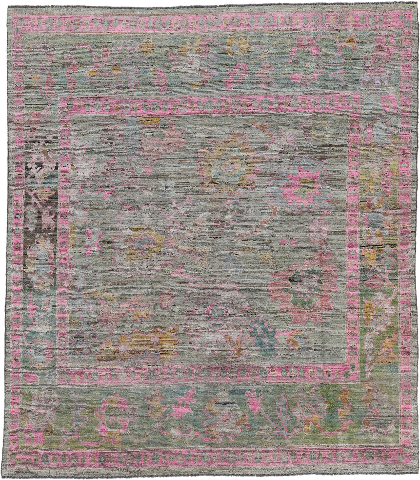 8' x 9' one-of-a-kind handmade vintage Oushak rug. Color palette: gray, pink, ivory, gold, sage, taupe, green, beige