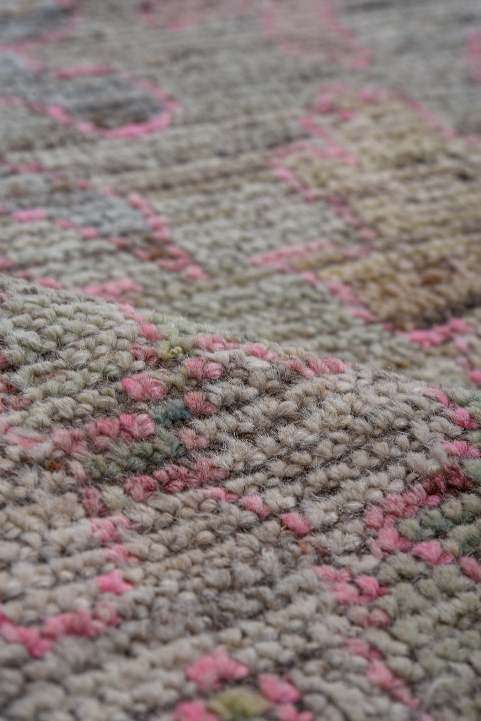 8' x 9' one-of-a-kind handmade vintage Oushak rug. Color palette: gray, pink, ivory, gold, sage, taupe, green, beige
