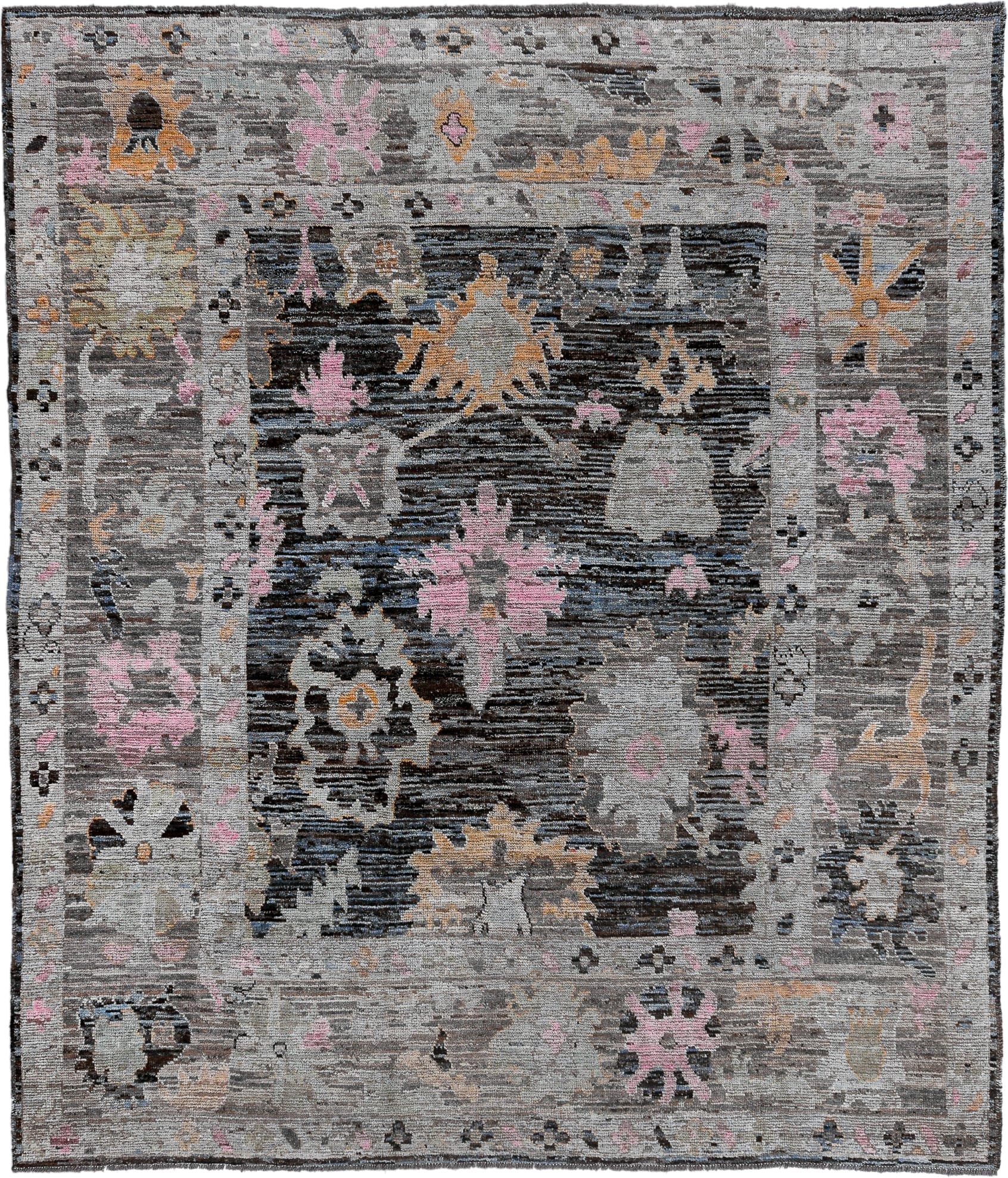 8' x 9' one-of-a-kind handmade vintage Oushak large size rug. Color palette: gray, charcoal, ivory, blush, gold, taupe
