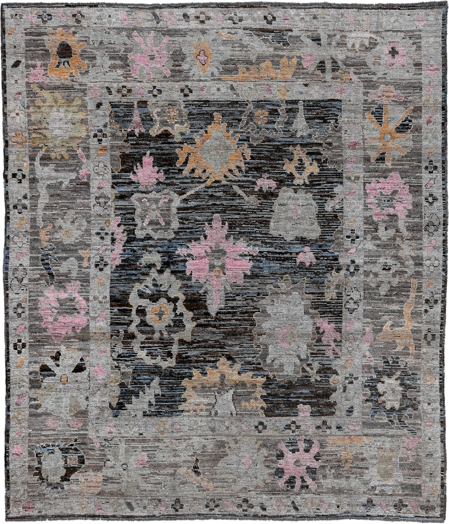 8' x 9' one-of-a-kind handmade vintage Oushak large size rug. Color palette: gray, charcoal, ivory, blush, gold, taupe