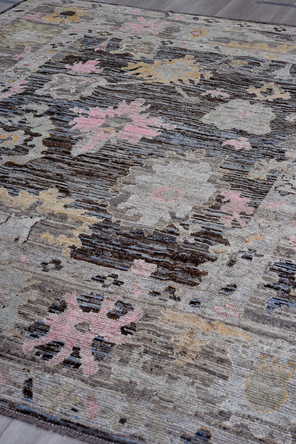 8' x 9' one-of-a-kind handmade vintage Oushak large size rug. Color palette: gray, charcoal, ivory, blush, gold, taupe