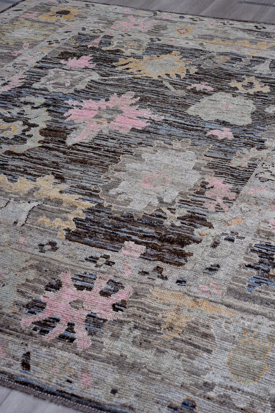 8' x 9' one-of-a-kind handmade vintage Oushak large size rug. Color palette: gray, charcoal, ivory, blush, gold, taupe