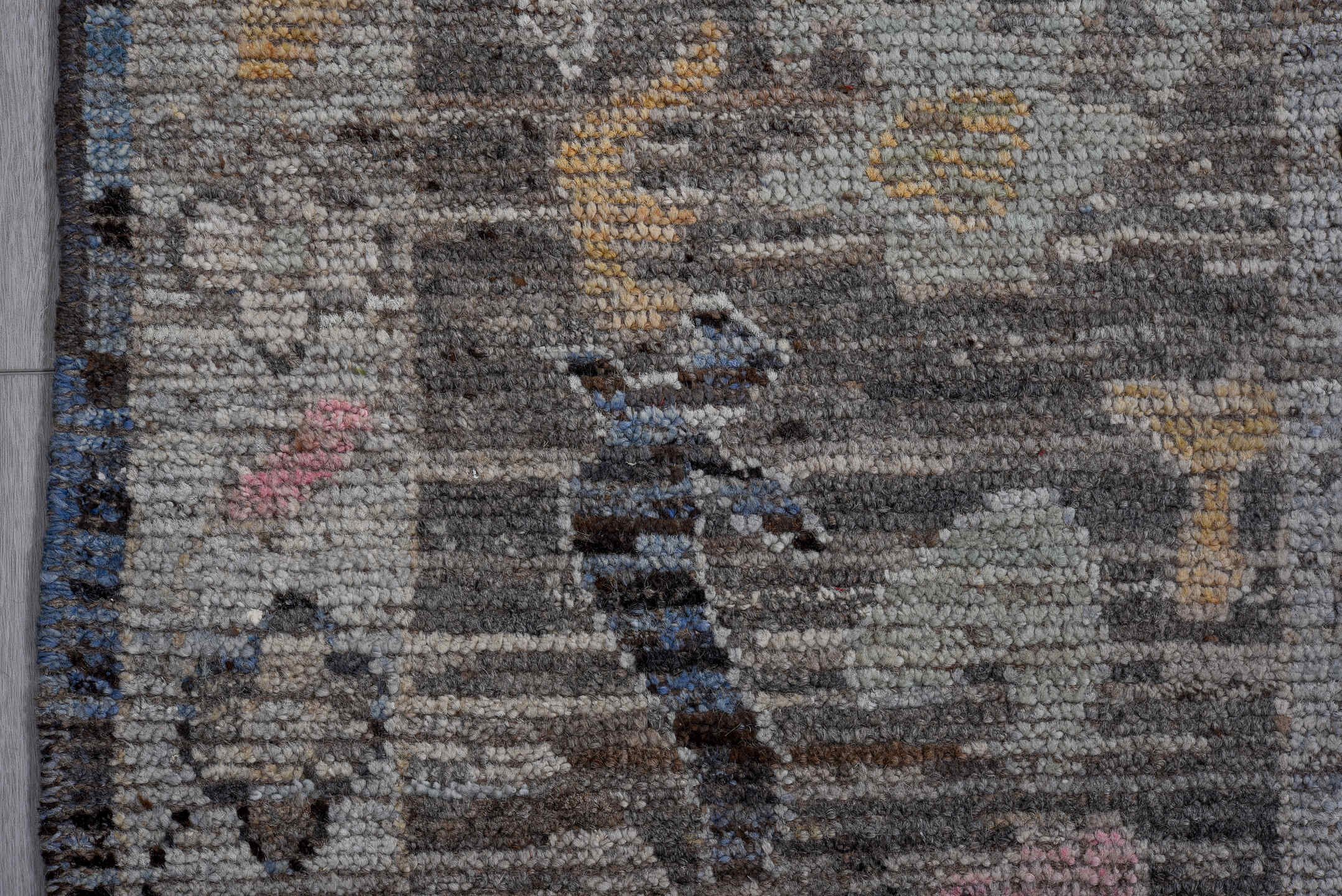 8' x 9' one-of-a-kind handmade vintage Oushak large size rug. Color palette: gray, charcoal, ivory, blush, gold, taupe