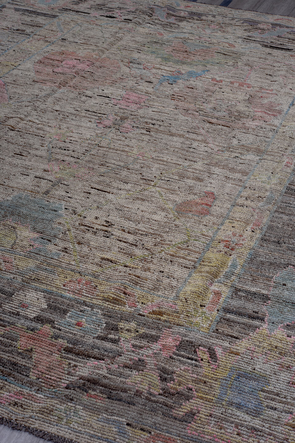 8' x 9' one-of-a-kind handmade vintage Oushak large size rug. Color palette: taupe, charcoal, blush, pale blue, ivory