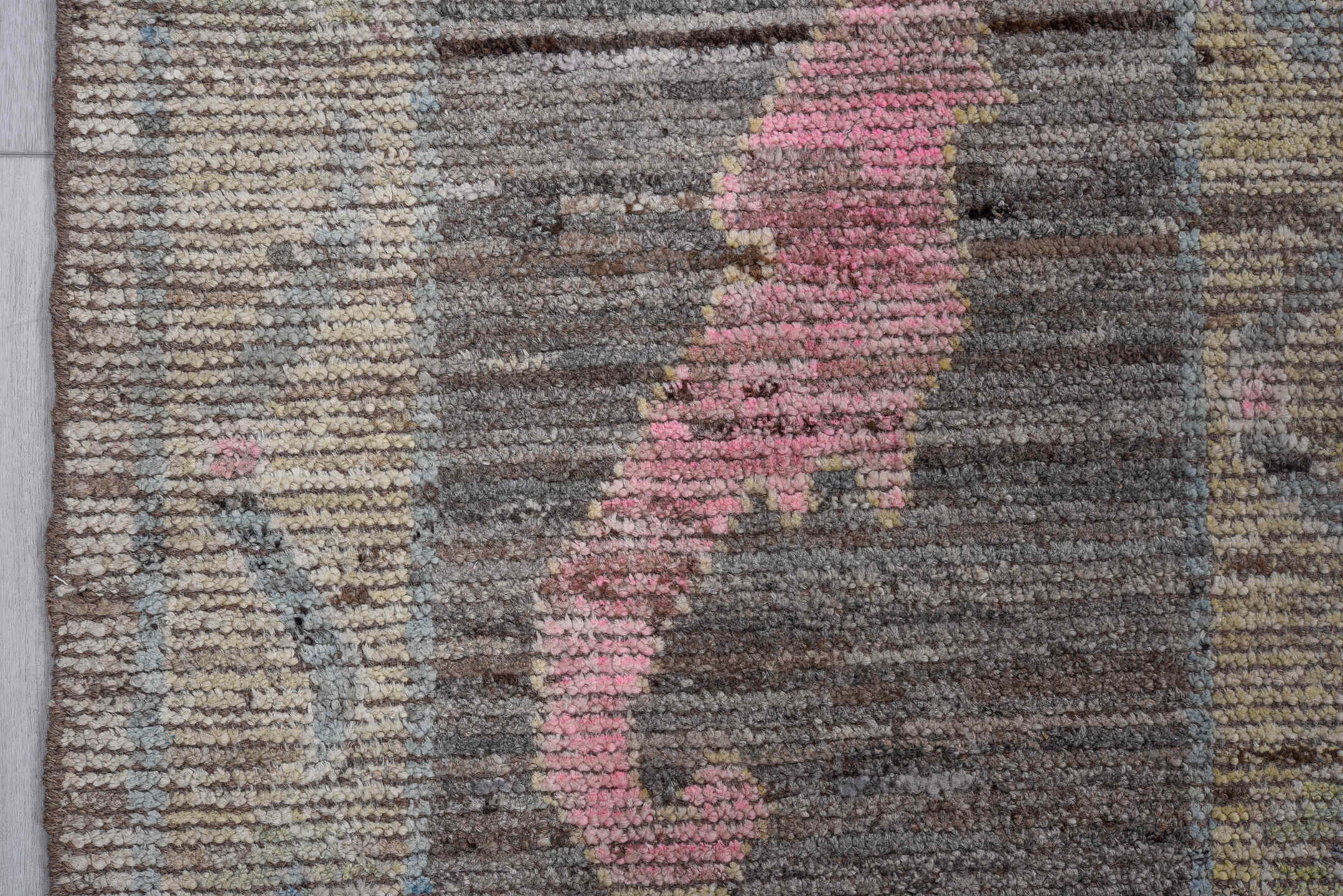 8' x 9' one-of-a-kind handmade vintage Oushak large size rug. Color palette: taupe, charcoal, blush, pale blue, ivory