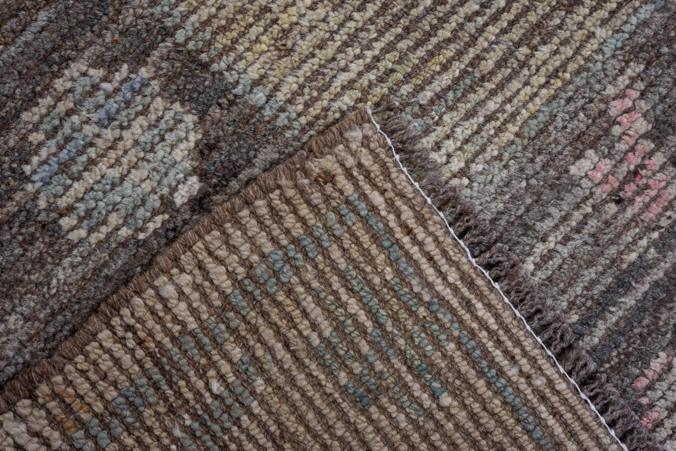 8' x 9' one-of-a-kind handmade vintage Oushak large size rug. Color palette: taupe, charcoal, blush, pale blue, ivory
