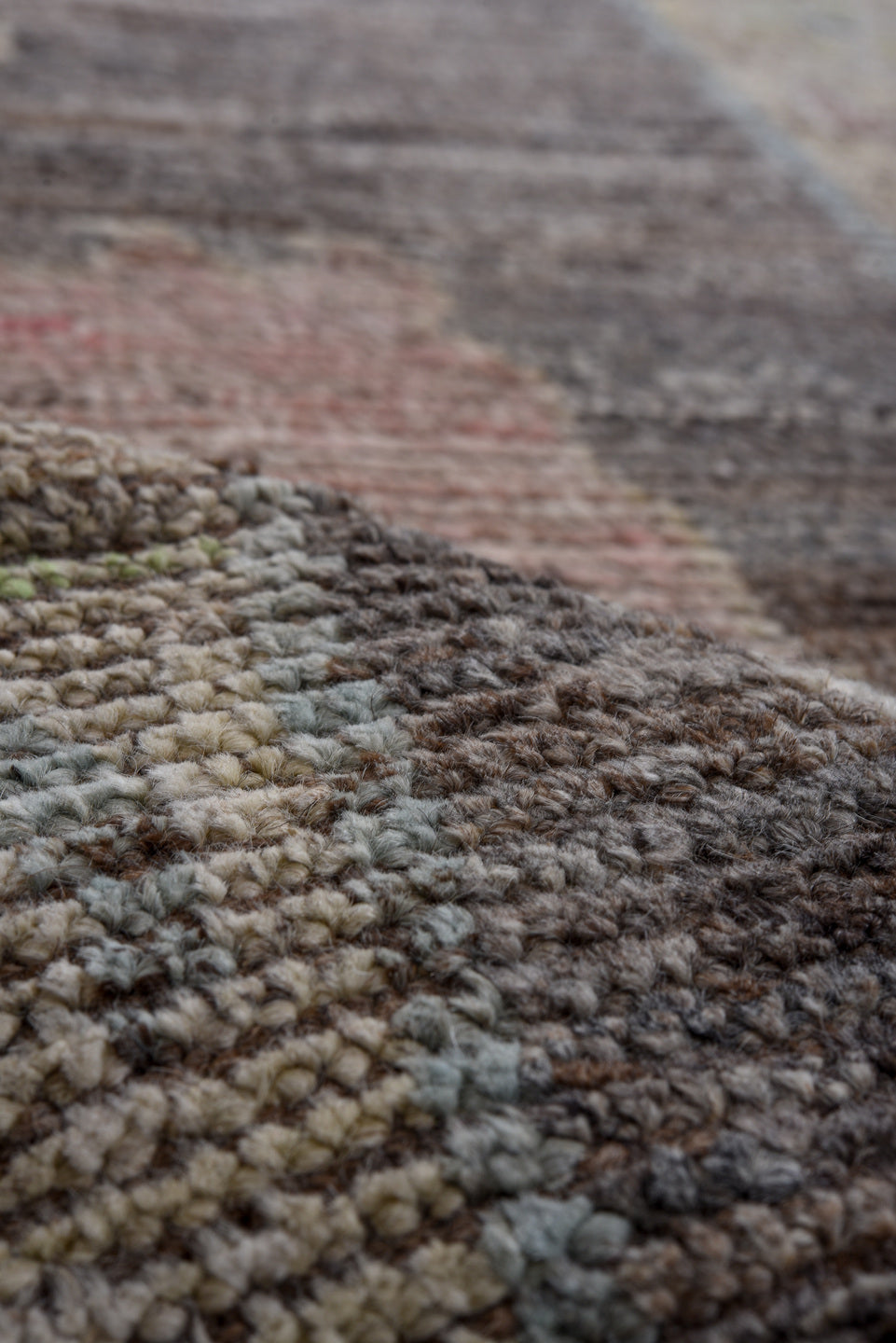 8' x 9' one-of-a-kind handmade vintage Oushak large size rug. Color palette: taupe, charcoal, blush, pale blue, ivory