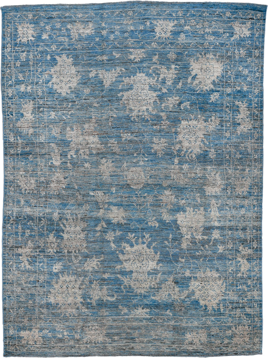 9' x 12' one-of-a-kind handmade vintage Oushak large size rug. Color palette: sky blue, ivory, slate, powder blue, taupe