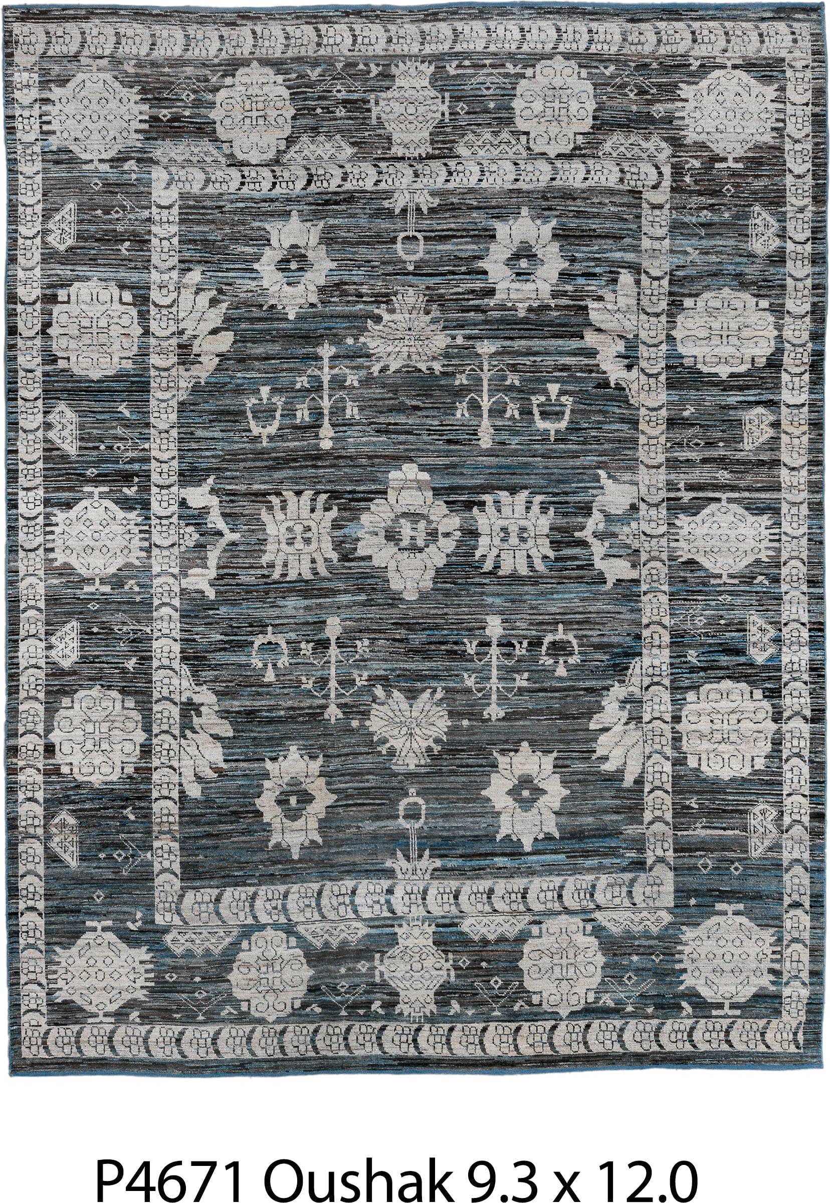 9' x 12' one-of-a-kind handmade vintage Oushak large size rug. Color palette: charcoal, ivory, slate, indigo, steel blue