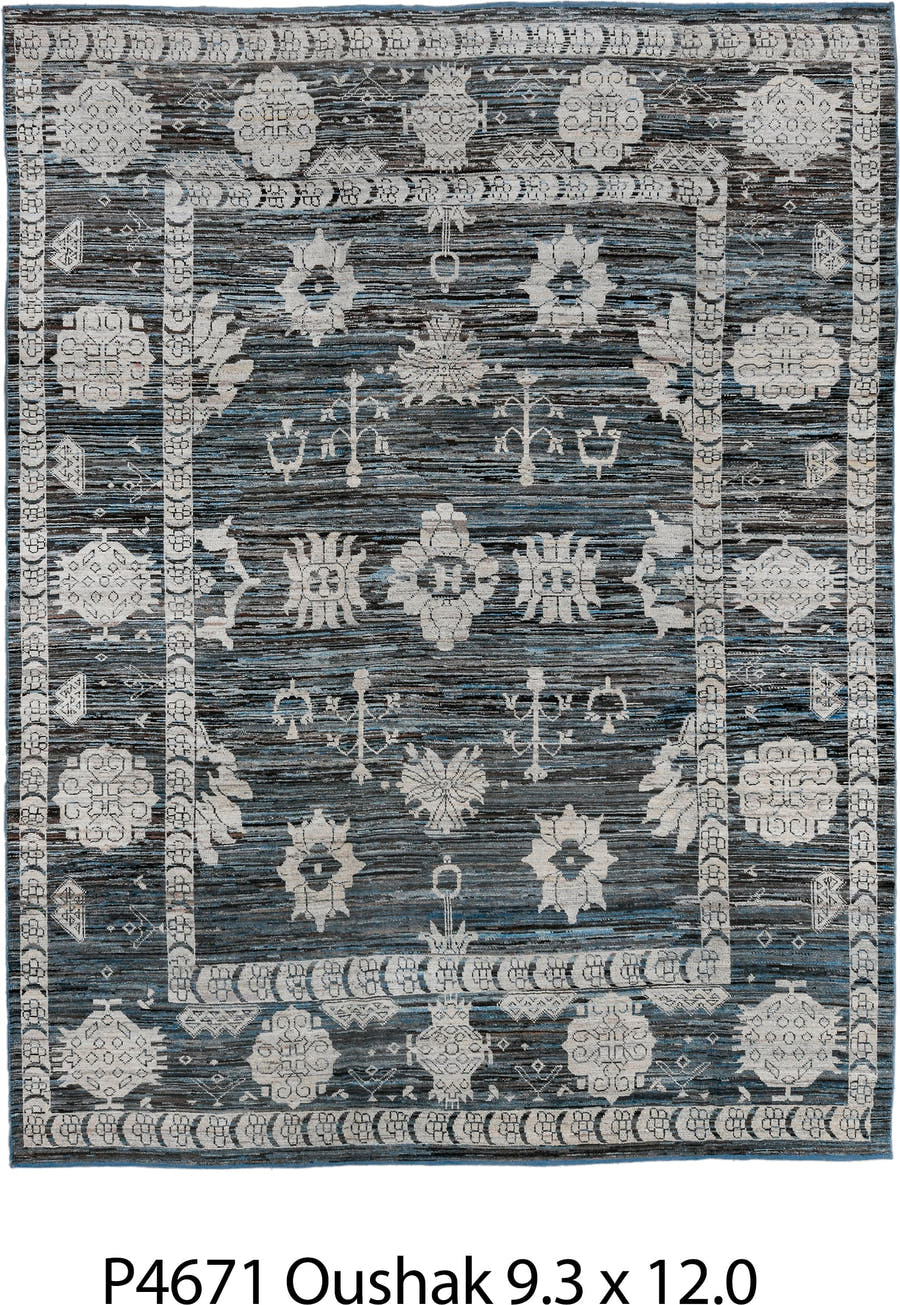 9' x 12' one-of-a-kind handmade vintage Oushak large size rug. Color palette: charcoal, ivory, slate, indigo, steel blue