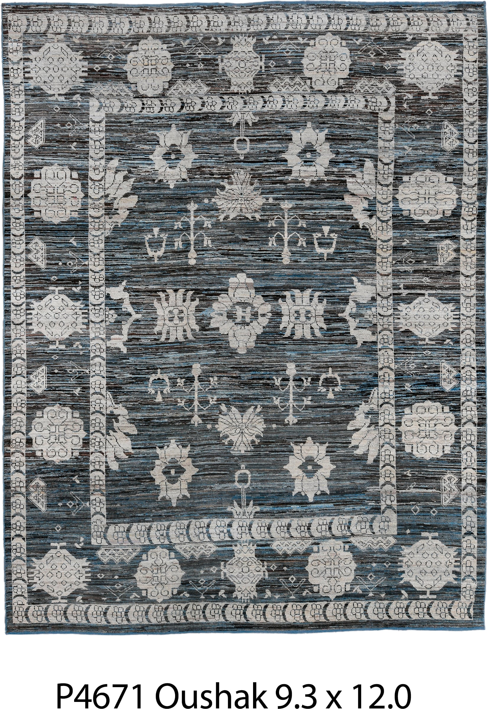 9' x 12' one-of-a-kind handmade vintage Oushak large size rug. Color palette: charcoal, ivory, slate, indigo, steel blue