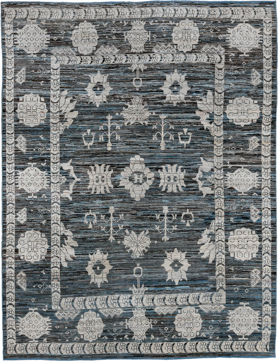 9' x 12' one-of-a-kind handmade vintage Oushak large size rug. Color palette: charcoal, ivory, slate, indigo, steel blue