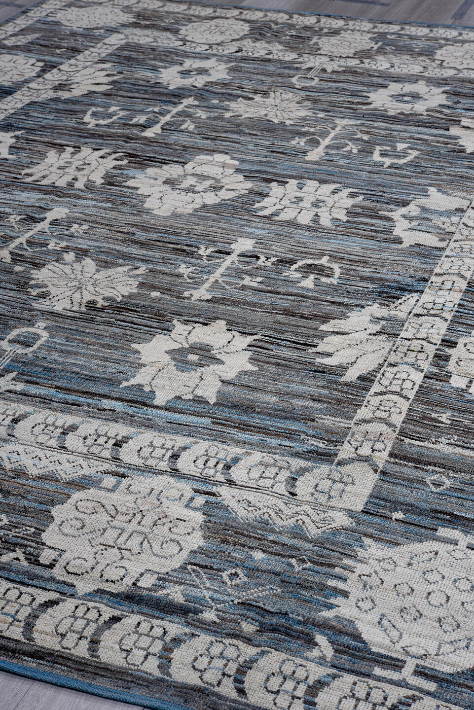 9' x 12' one-of-a-kind handmade vintage Oushak large size rug. Color palette: charcoal, ivory, slate, indigo, steel blue